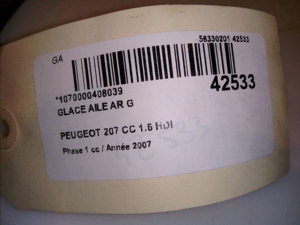 Glace aile ar g Peugeot 207 CC (WD_) 1.6 hdi (2007-2015)