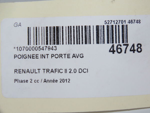 Poignee int porte avg Renault TRAFIC II Autobus-Autocar (JL) 2.0 dci 115 (2006)