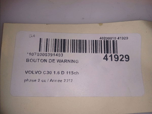 Bouton de warning Volvo C30 (533) D2 (2010-2012)