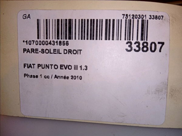 Pare-soleil droit FIAT PUNTO EVO III Phase 1 10-2009--12-2013 1.3 MULTIJET 75ch