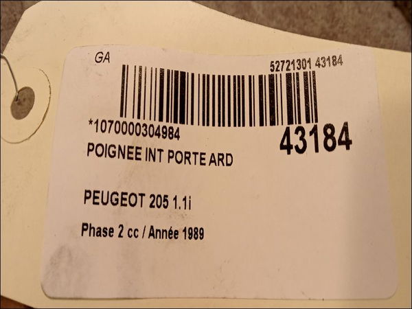 Poignee int porte ard Peugeot 205 II (20A-C) 1.1 (1987-1992)
