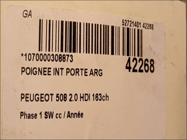 Poignee int porte arg Peugeot 508 SW I (8E_) 2.0 hdi (2010-2018)