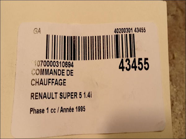 Commande de chauffage Renault SUPER 5 (B-C40_) 1.4 cat (b-c-407) (1985-1996)