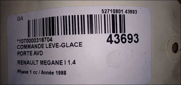Commande lève-glace porte avant droite Renault MEGANE I (BA0-1_) 1.4 e (ba0e, ba0v) (1996-2003)