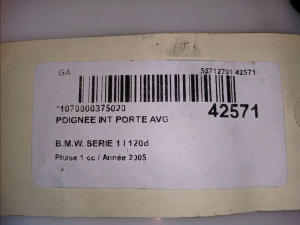 Poignee int porte avg Bmw 1 (E87) 120 d (2004-2011)
