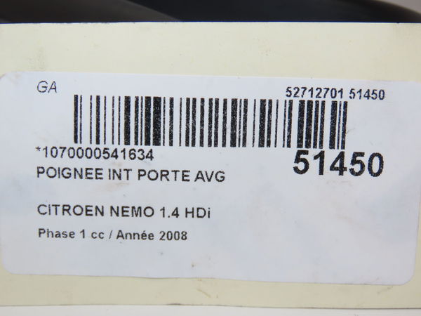 Poignee int porte avg Citroën NEMO Camionnette-Monospace (AA_) 1.4 hdi (2008) 4 portes
