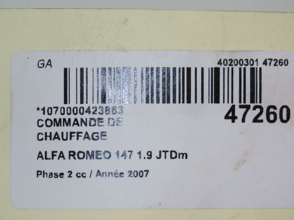 Commande de chauffage Alfa romeo 147 (937_) 1.9 jtdm 8v (937.axd1a, 937.axu1a, 937.bxu1a) (2005-2010)