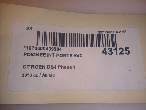 Poignee int porte avd Citroën DS4 (NX_) 1.6 thp 200 (2011-2015)