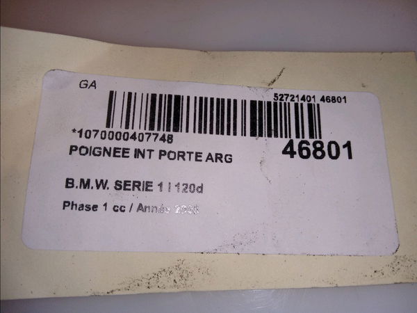 Poignee int porte arg Bmw 1 (E87) 118 d (2004-2007)